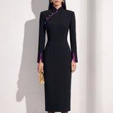 THE ORIENT EDGE QipaoCollar ContrastTrim Tailored Midi Dress