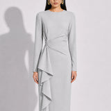 SENSEBYMEI Workwear Collection Waist-Twist Ruffle Long Sleeve Midi Dress