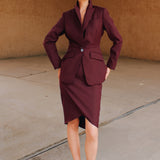 Sensebymei Burgundy High-Waisted Wrap-Front Midi Skirt