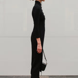 THE ORIENT BLACK SWAN Black High-Neck Acetate Qipao Dress with Shoulder Pads & Side Slit