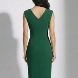 Detachable Cape Acetate Sleeveless V-Neck Dress – Dark Green