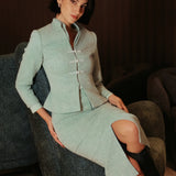 SENSEBYMEI Bamboo Green Tailored Stand-Collar Jacket with Pearl Buttons