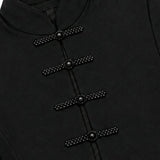 THE ORIENT BLACK SWAN Black High-Neck Acetate Qipao Dress with Shoulder Pads & Side Slit