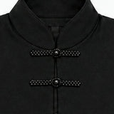THE ORIENT BLACK SWAN Black High-Neck Acetate Qipao Dress with Shoulder Pads & Side Slit