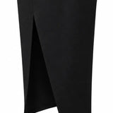 THE ORIENT BLACK SWAN Black High-Neck Acetate Qipao Dress with Shoulder Pads & Side Slit