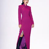 Model in SENSE BY MEI's rose-purple qipao slit dress with golden button details.