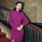Elegant long purple qipao dress featuring a modern silhouette and traditional golden buttons."