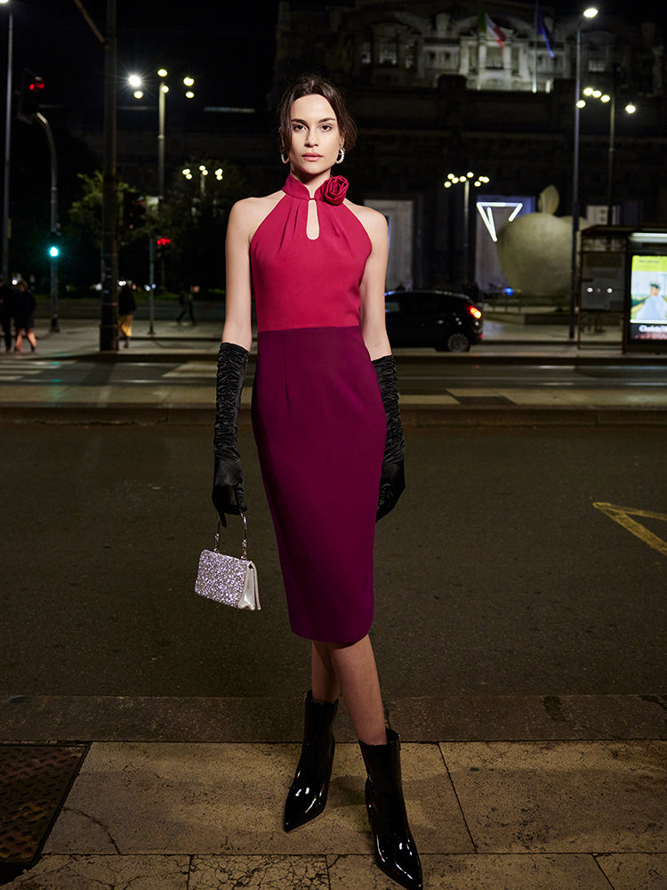 Model in a magenta shoulder-cut Cheongsam dress making a statement on an evening out