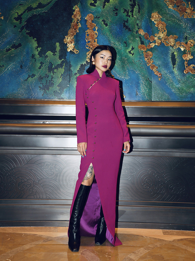 Modern purple qipao dress capturing movement and Eastern elegance, by SENSE BY MEI.