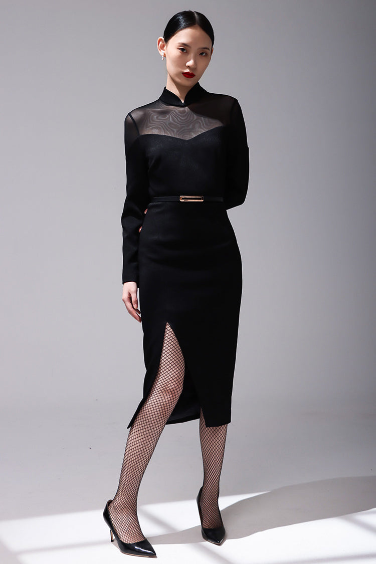 "Elegant new Chinese-style black Cheongsam with sheer mesh detail, displayed against a grey background, highlighting the geometric mesh neckline.