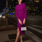 An elegant rose-purple qipao that merges modern aesthetics with traditional Chinese design.