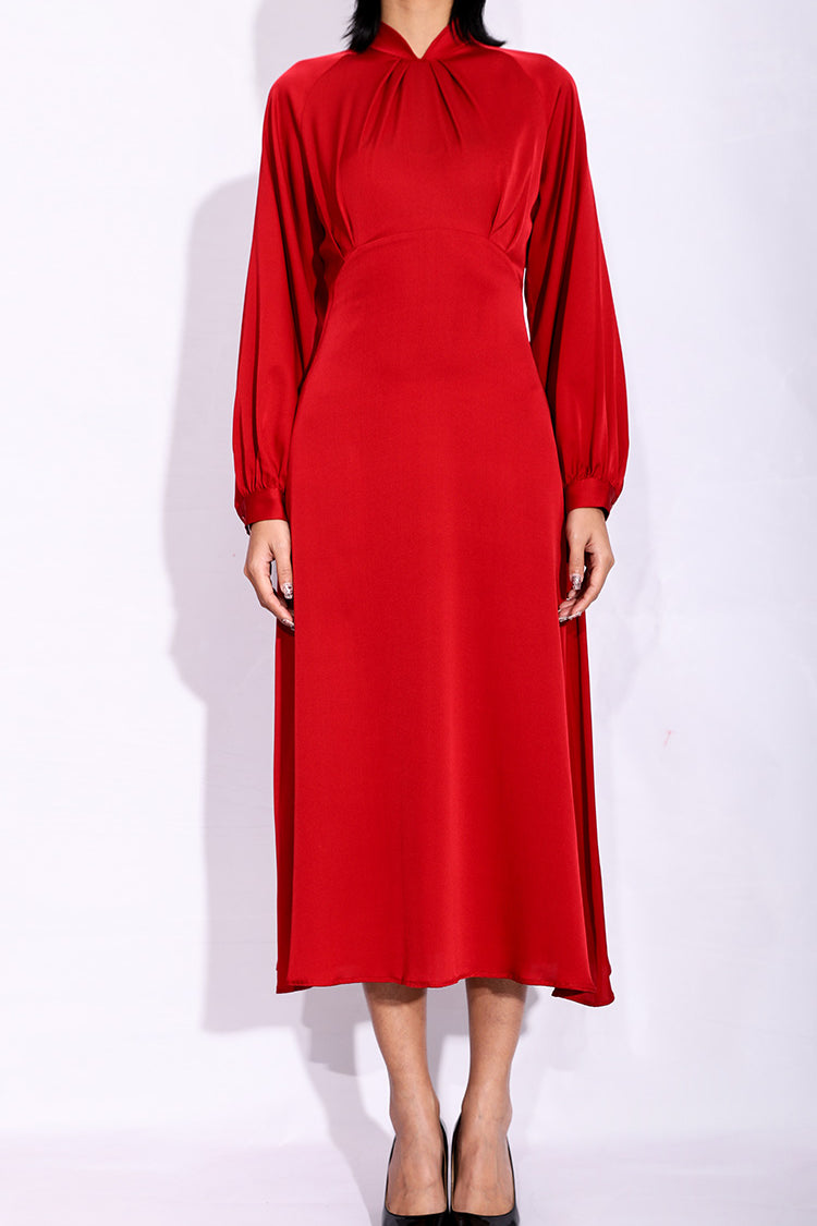 Full-length front view of a pure red silk Cheongsam dress against a white background, highlighting the luxurious 18mm heavy silk fabric and elegant silhouette.