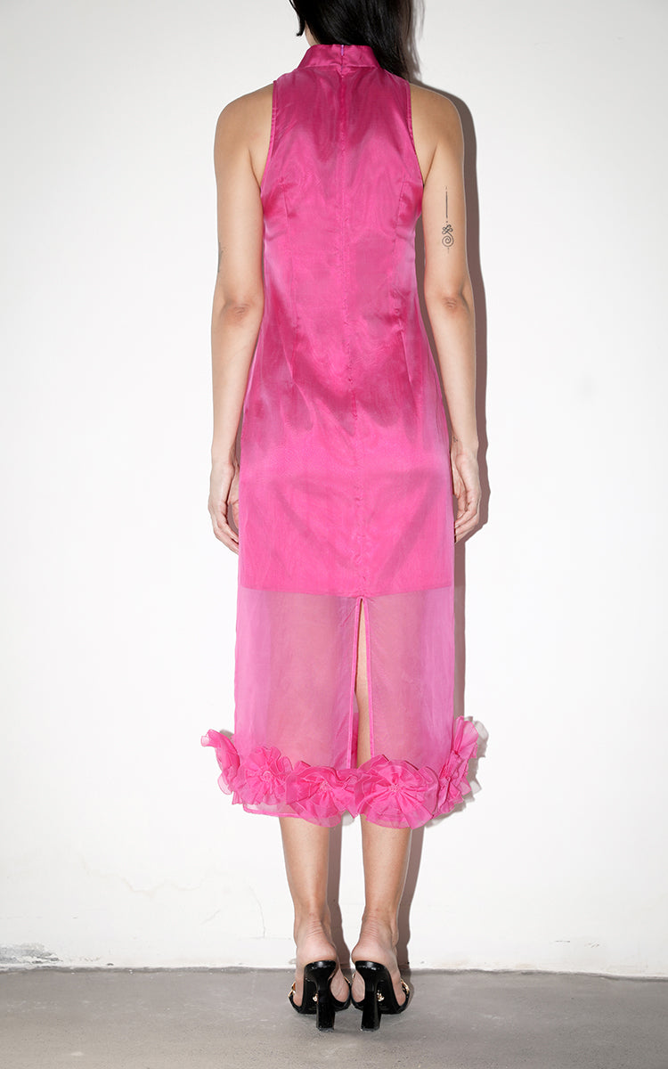 Back view of a rose red silk organza Cheongsam dress, revealing the hidden YKK zipper and the continuity of the floral pattern on a white background.