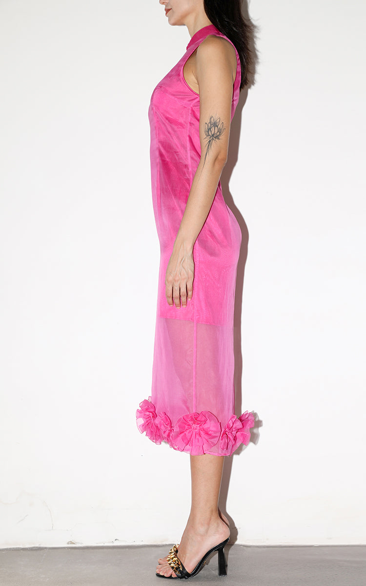 Side view of a lightweight rose red silk organza Cheongsam, showcasing the dress's flow and subtle floral embellishments against a white background.