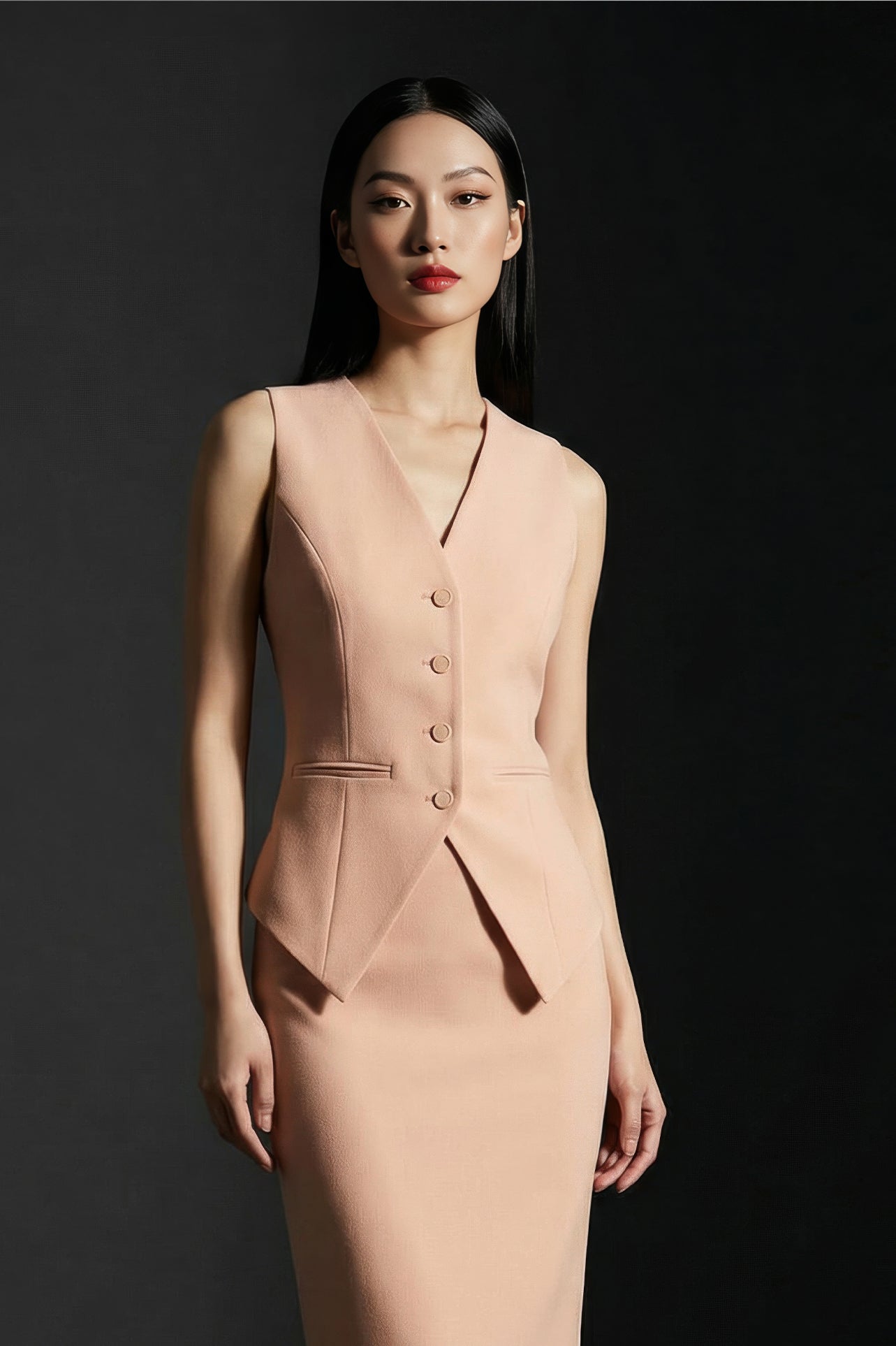 A professional woman wearing a sophisticated apricot-colored tailored vest, featuring a deep V-neckline and a unique pointed hem for an elegant executive office look.