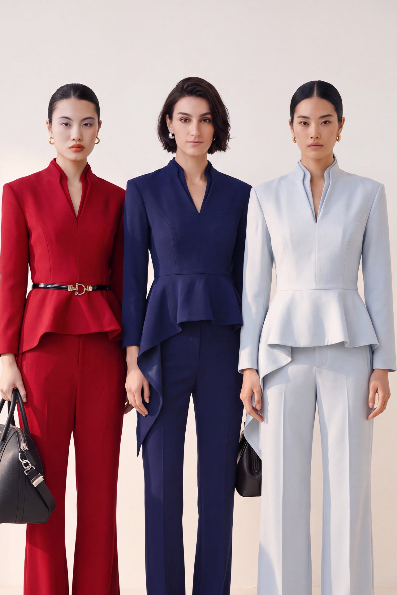 A comparison of three professional women modeling tailored power trouser suits featuring architectural split V-neck jackets with dramatic asymmetrical peplum hems and matching wide-leg trousers in crimson red, deep royal navy, and ice blue.