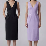 A professional woman showcasing two elegant sleeveless V-neck sheath dresses in classic black and soft lilac purple, featuring functional side pockets and a tailored fit for a polished office look.