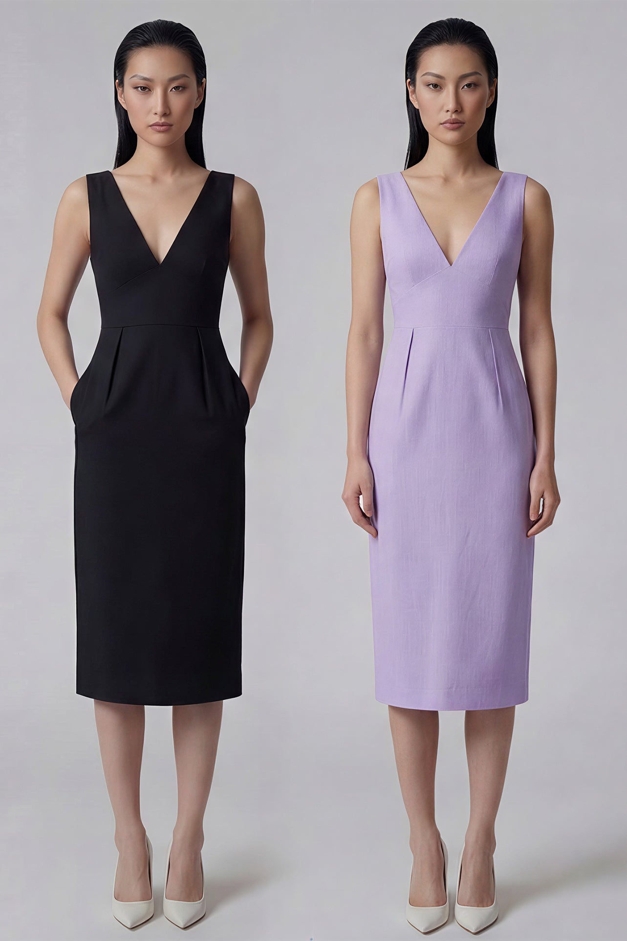 A professional woman showcasing two elegant sleeveless V-neck sheath dresses in classic black and soft lilac purple, featuring functional side pockets and a tailored fit for a polished office look.