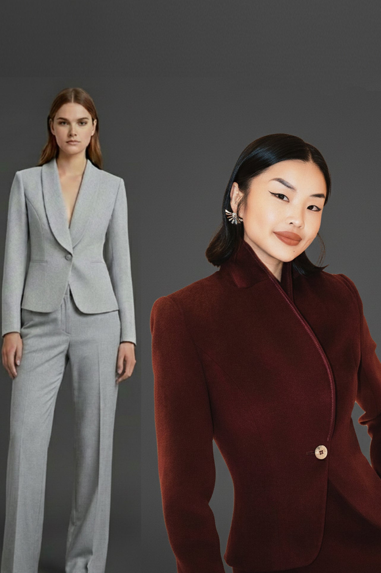 A professional woman wearing a sophisticated burgundy blazer suit with a classic shawl lapel and a white turtleneck, perfect for a high-end executive office look.