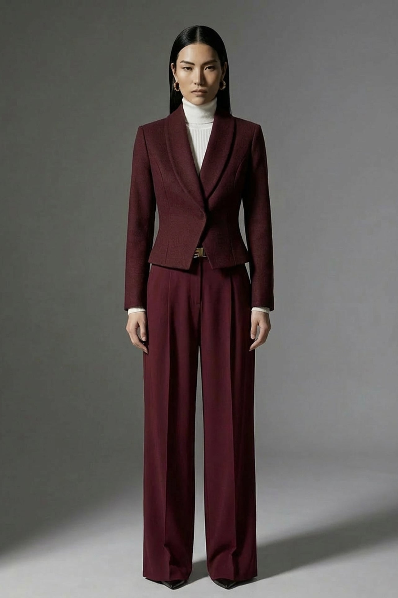 A professional woman wearing a sophisticated burgundy blazer suit with a classic shawl lapel and a white turtleneck, perfect for a high-end executive office look.