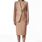 A professional woman wearing a sophisticated apricot high-waisted pencil skirt with a tailored slim fit, part of an elegant business suit for executive office wear.