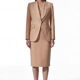A professional woman wearing a sophisticated apricot high-waisted pencil skirt with a tailored slim fit, part of an elegant business suit for executive office wear.