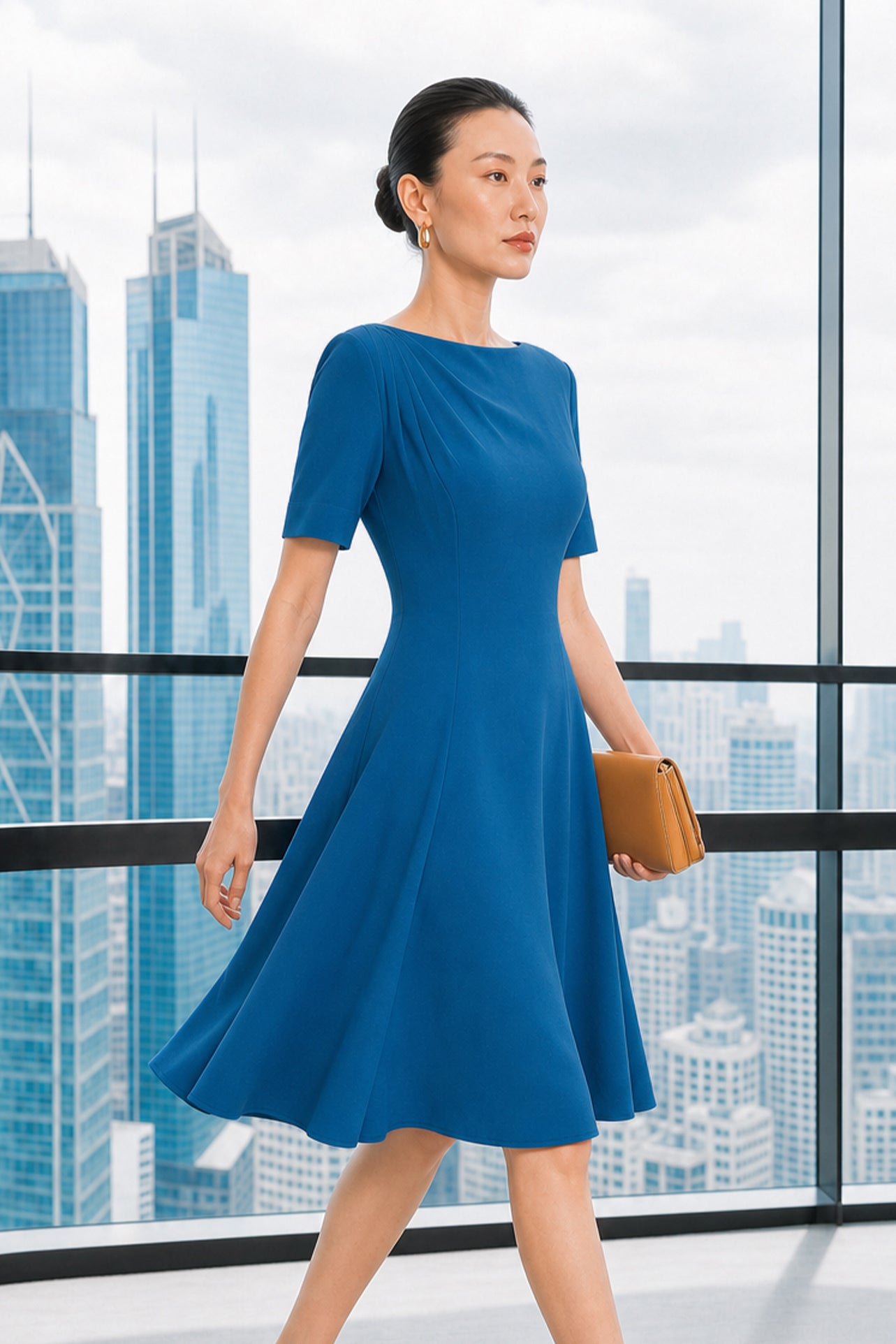 A beautiful model wearing a sophisticated medium blue A-line midi dress featuring an elegant boat neckline with refined asymmetric shoulder pleating, short sleeves, and a flowing flared swing skirt.