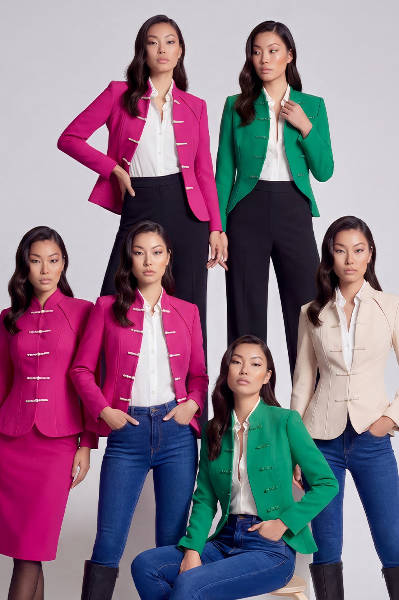 A professional woman wearing a sophisticated beige modern Qipao-inspired skirt suit, featuring a tailored blazer with traditional Chinese frog buttons and a stand collar for an elegant executive office look.