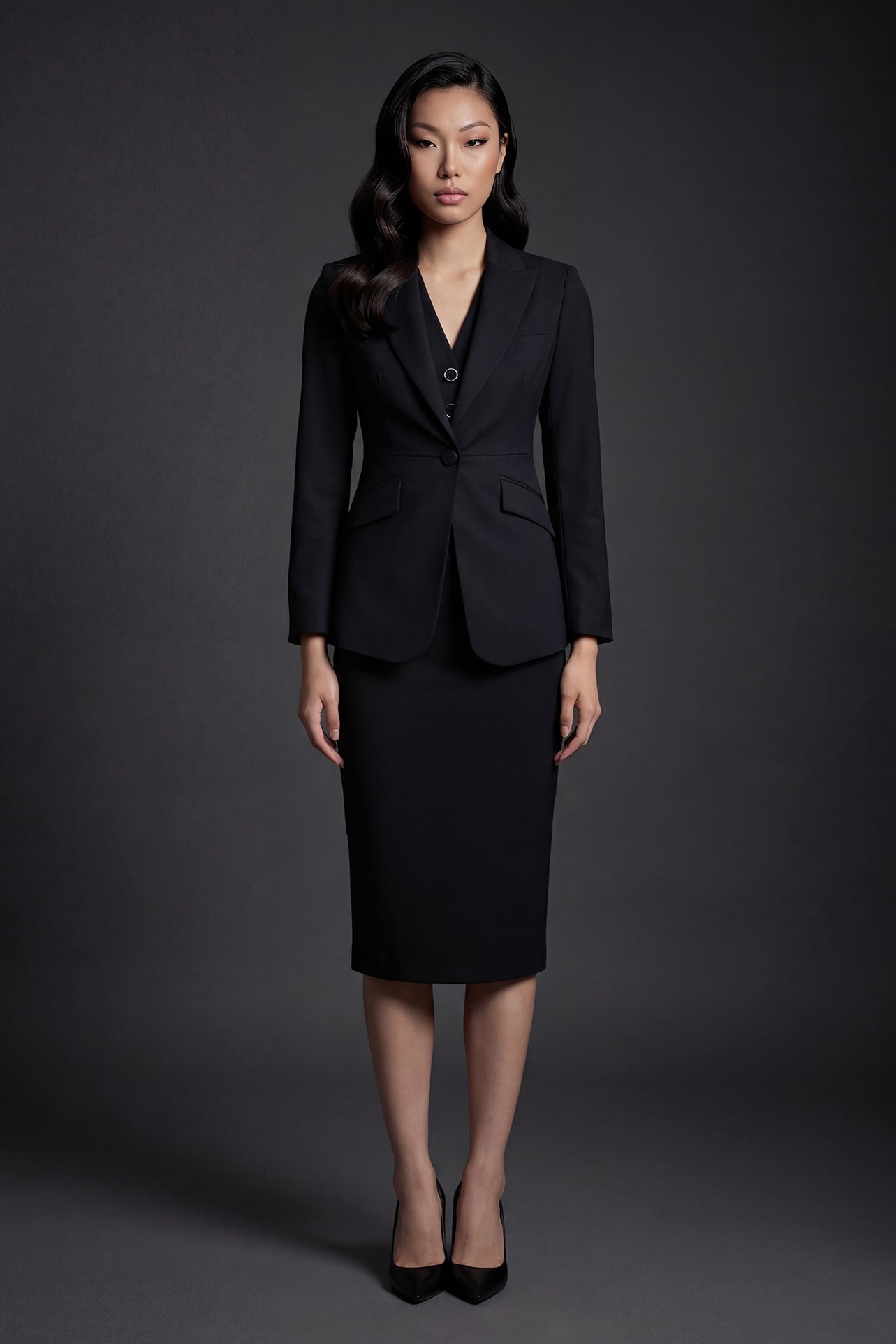 A professional woman wearing a sophisticated black belted blazer dress, featuring a tailored slim-fit silhouette with a waist-defining belt for a powerful executive business look.