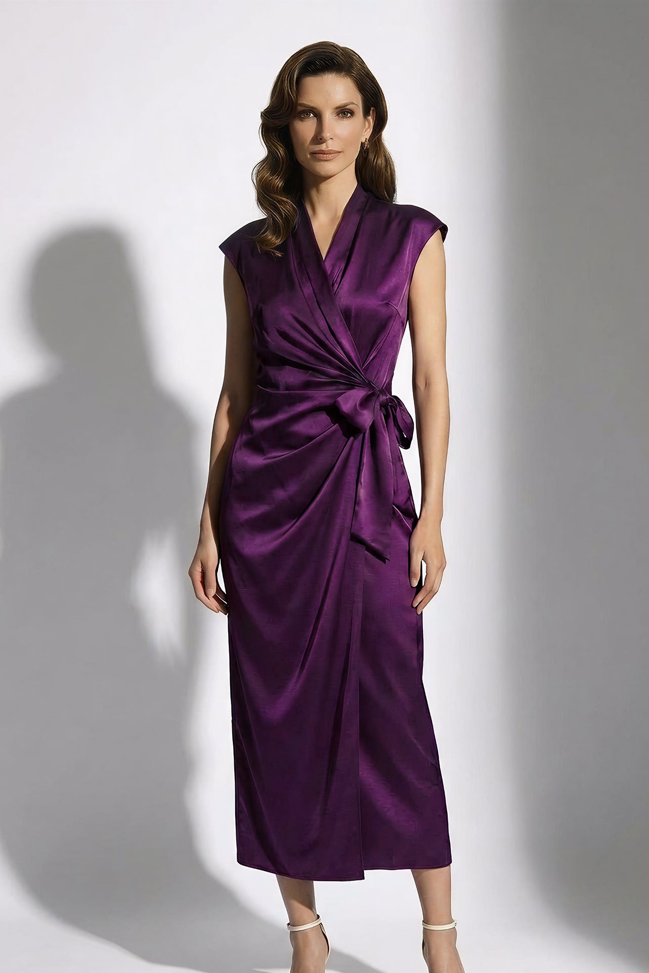 A professional woman modeling an elegant deep purple satin wrap midi dress, featuring a sophisticated surplice V-neck, cap sleeves, and a chic side bow tie for a quiet luxury evening or office look.