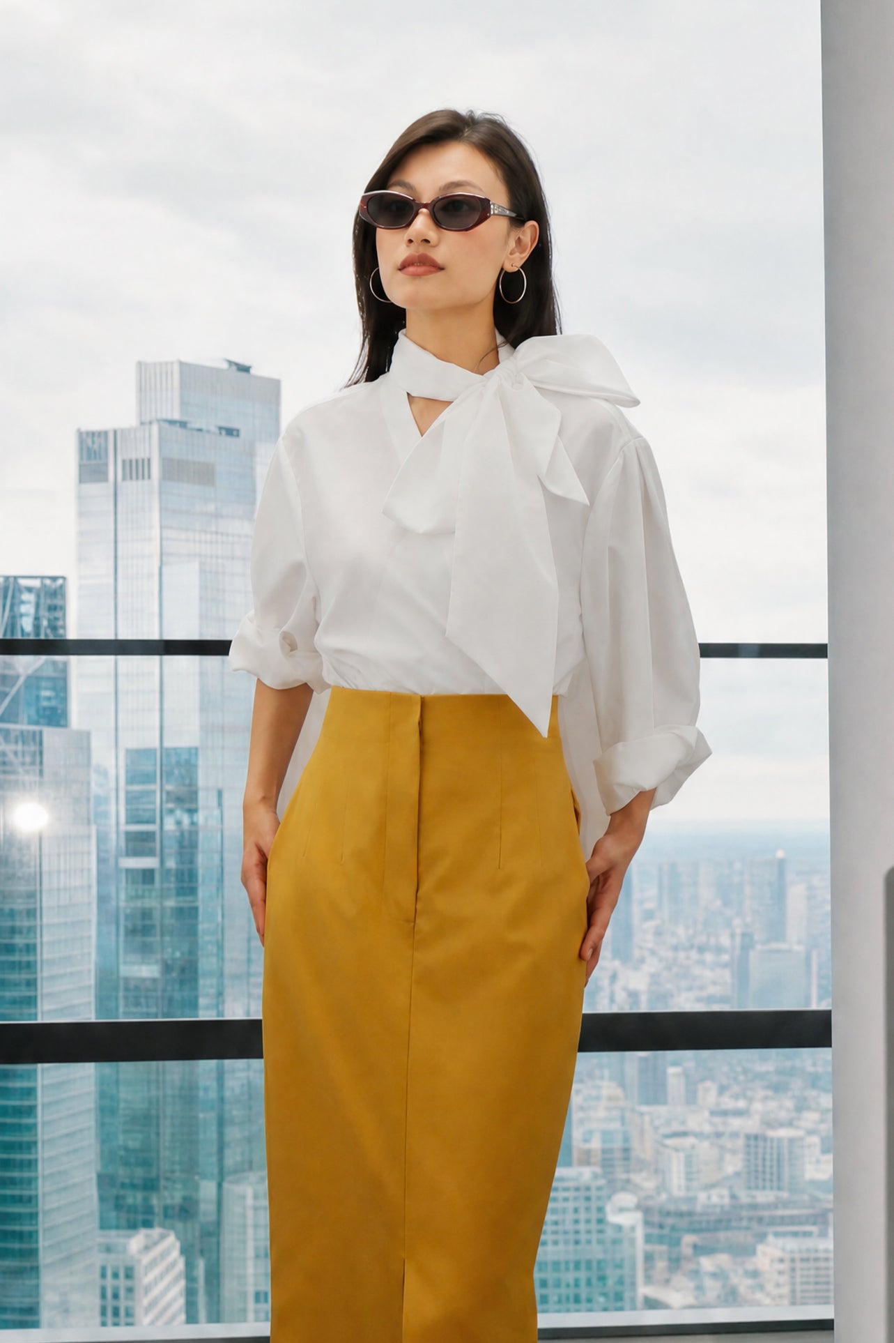 A style collection of three models presenting elegant dopamine office wear; the left in a white bow-tie blouse with a mustard yellow front-slit midi skirt, the center wearing a blue striped pussy-bow shirt with a straw hat and white wide-leg trousers, and the right in a vibrant orange satin blouse with a royal blue pencil skirt.