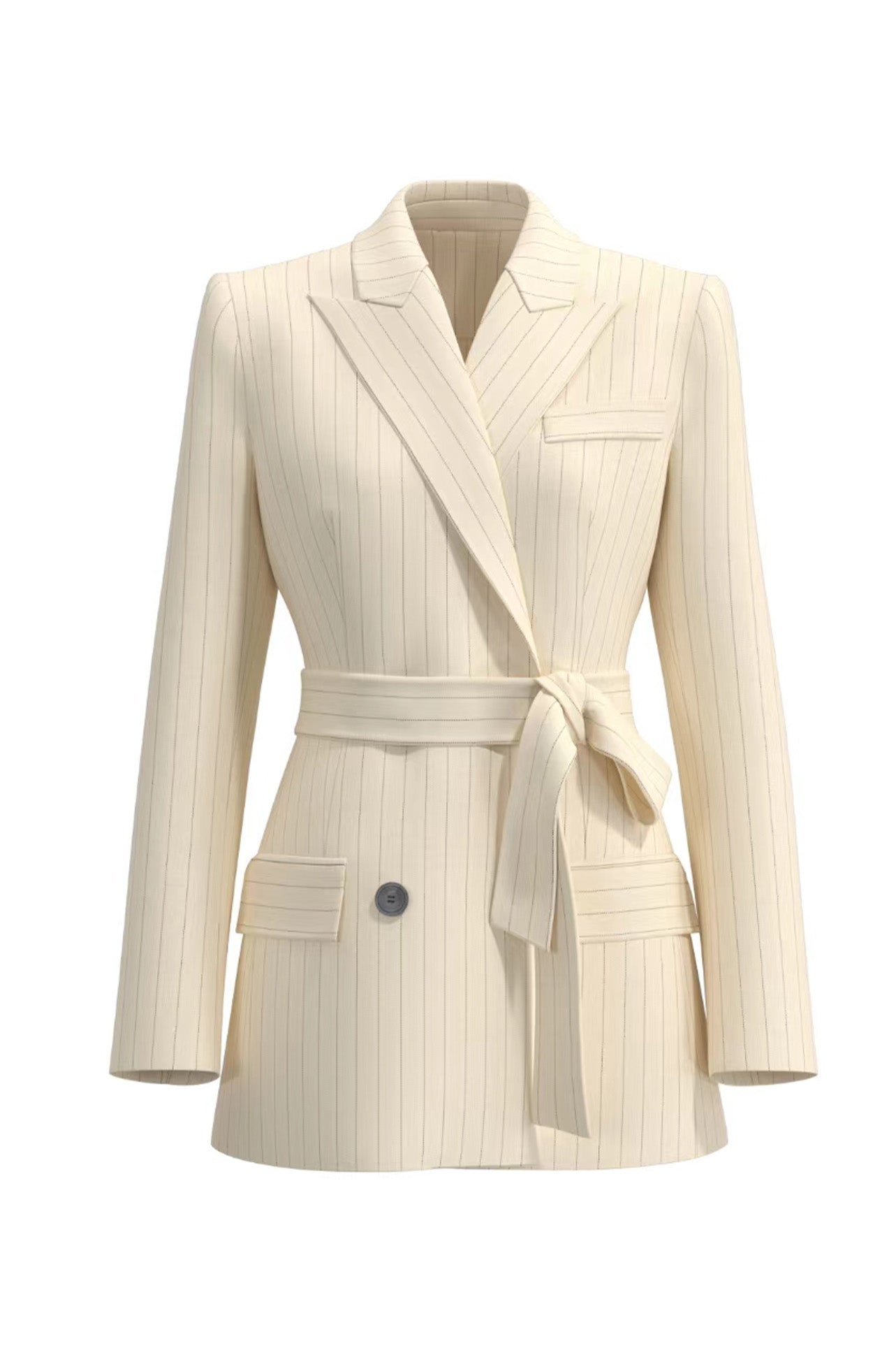 A professional woman wearing a sophisticated cream pinstripe blazer, featuring a double-breasted front with a chic waist-tie belt and notched lapels for a polished old money office look.