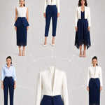 A professional model showcasing an elegant two-tone women's pantsuit, featuring a tailored cropped white blazer with a sharp deep V-neckline, paired with high-waisted navy blue trousers that have a unique curved overlay panel design and a golden metal hardware accent at the waist.