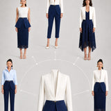 A professional model showcasing an elegant two-tone women's pantsuit, featuring a tailored cropped white blazer with a sharp deep V-neckline, paired with high-waisted navy blue trousers that have a unique curved overlay panel design and a golden metal hardware accent at the waist.