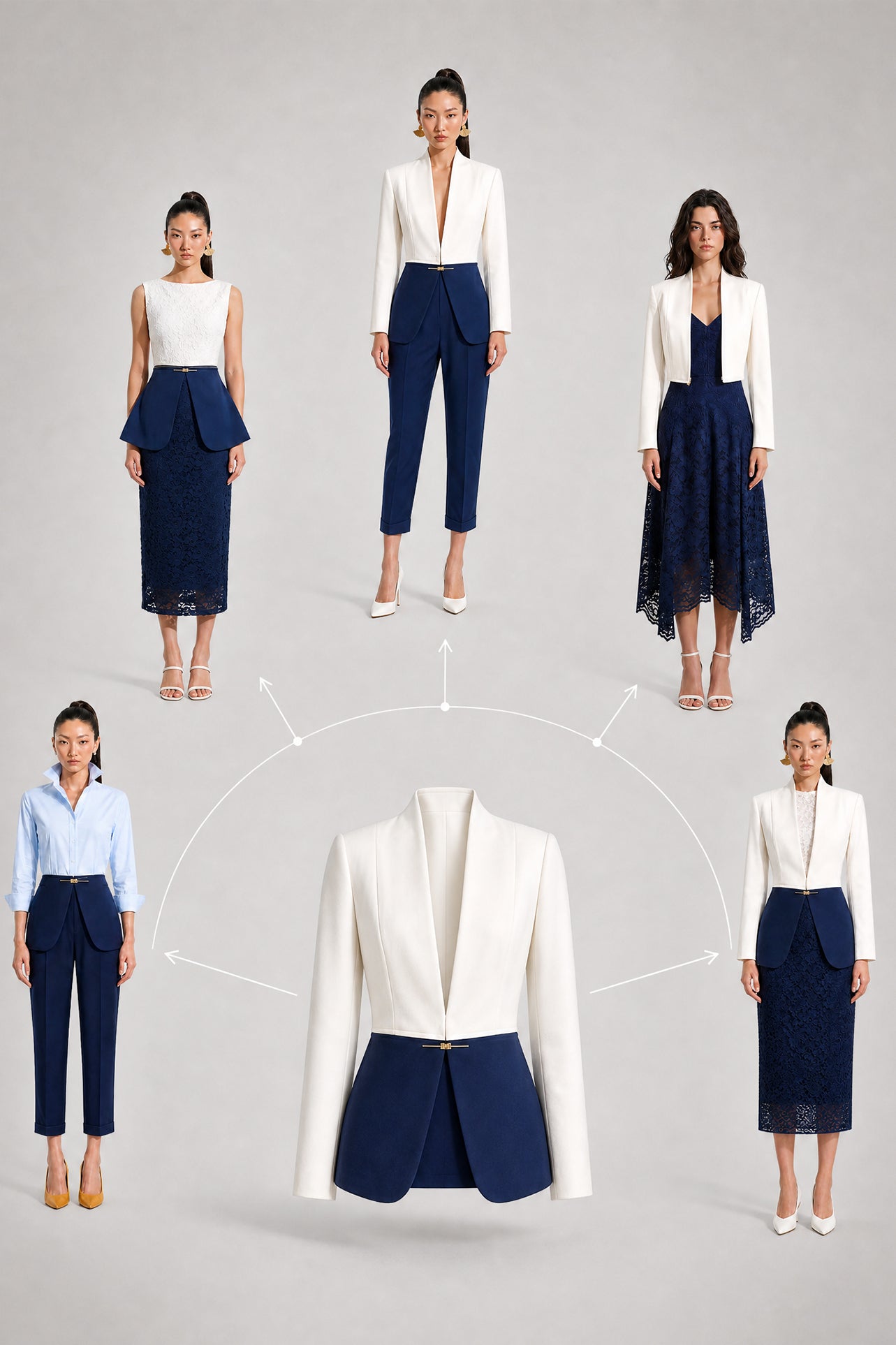 A professional model showcasing an elegant two-tone women's pantsuit, featuring a tailored cropped white blazer with a sharp deep V-neckline, paired with high-waisted navy blue trousers that have a unique curved overlay panel design and a golden metal hardware accent at the waist.