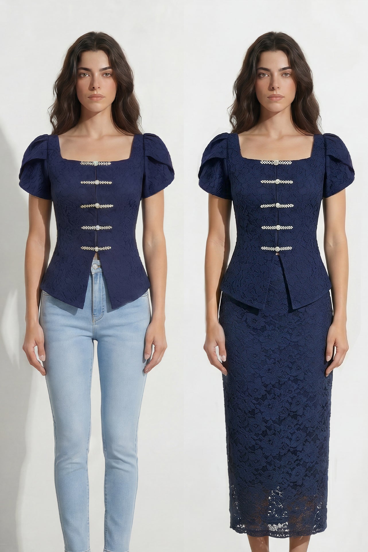 A professional woman modeling an elegant navy blue lace short top, featuring a retro square neckline, romantic short puff sleeves, and a series of pearl and rhinestone frog closures on the front with a tailored triangular split hem, paired with light blue high-waisted jeans.