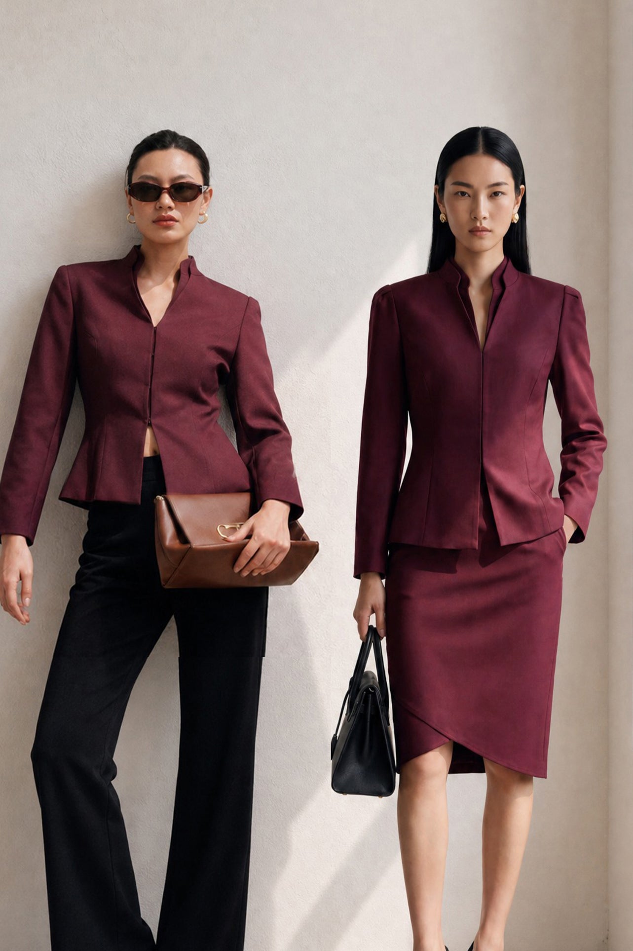 A professional Asian woman wearing glasses and an elegant deep burgundy tailored blazer featuring a sophisticated stand collar with a split V-neckline, structured shoulders, and a clean minimalist front.