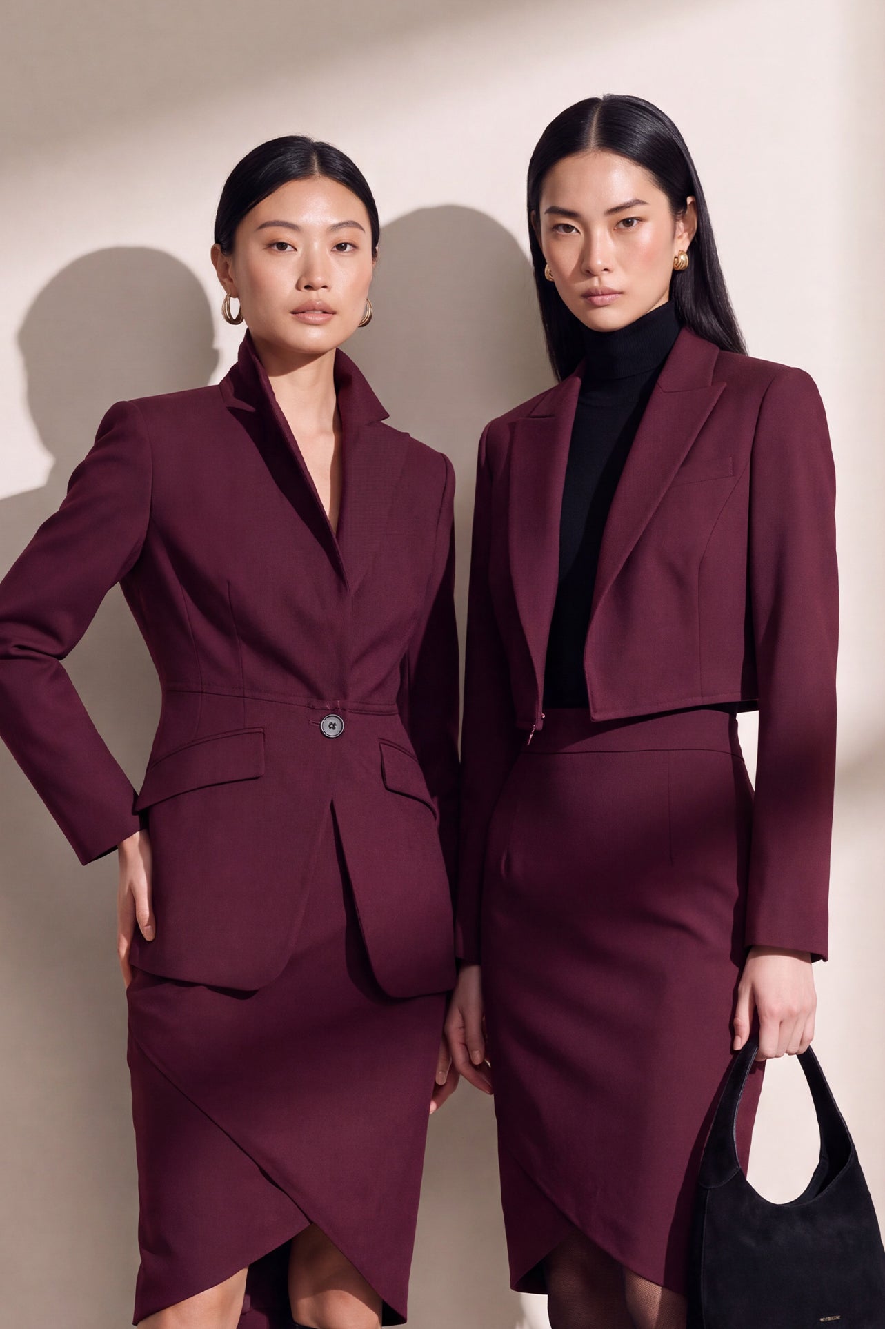A professional woman wearing glasses and an elegant deep burgundy skirt suit featuring a sculptural stand-up lapel blazer with a single-button closure, tailored flap pockets, and a matching high-waisted pencil skirt.
