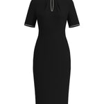 An elegant woman wearing a sophisticated black short-sleeve sheath dress, featuring a traditional mandarin collar with a modern keyhole neckline and delicate beaded trim details for a polished formal look.