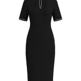 An elegant woman wearing a sophisticated black short-sleeve sheath dress, featuring a traditional mandarin collar with a modern keyhole neckline and delicate beaded trim details for a polished formal look.