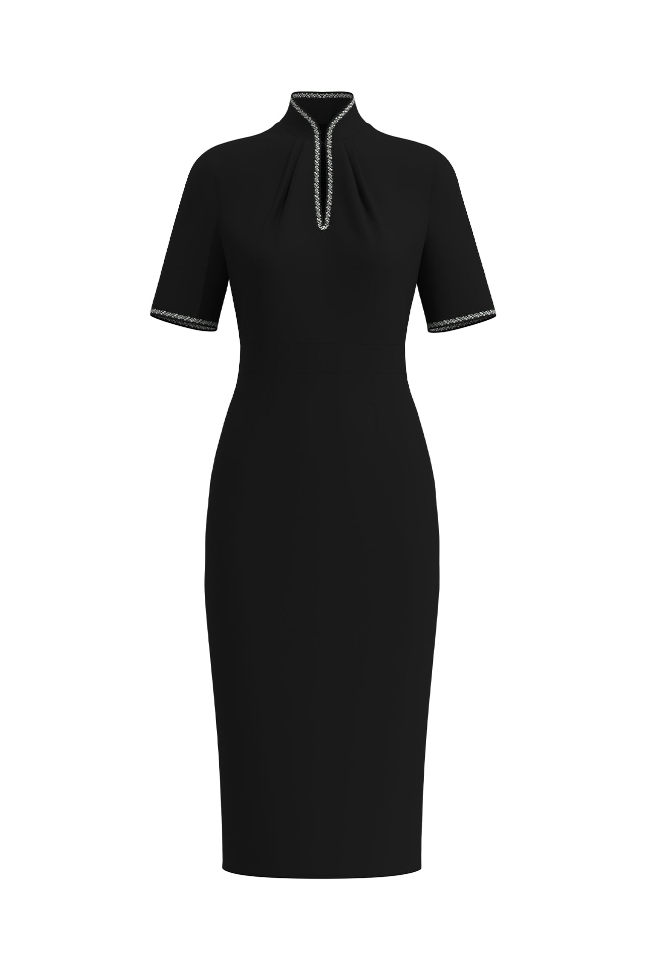 An elegant woman wearing a sophisticated black short-sleeve sheath dress, featuring a traditional mandarin collar with a modern keyhole neckline and delicate beaded trim details for a polished formal look.