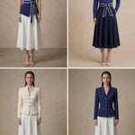 A comparison of two elegant professional looks: a navy blue pleated midi skirt and a crisp white flare skirt, both featuring sophisticated contrast-piped bow belts for a polished executive appearance.