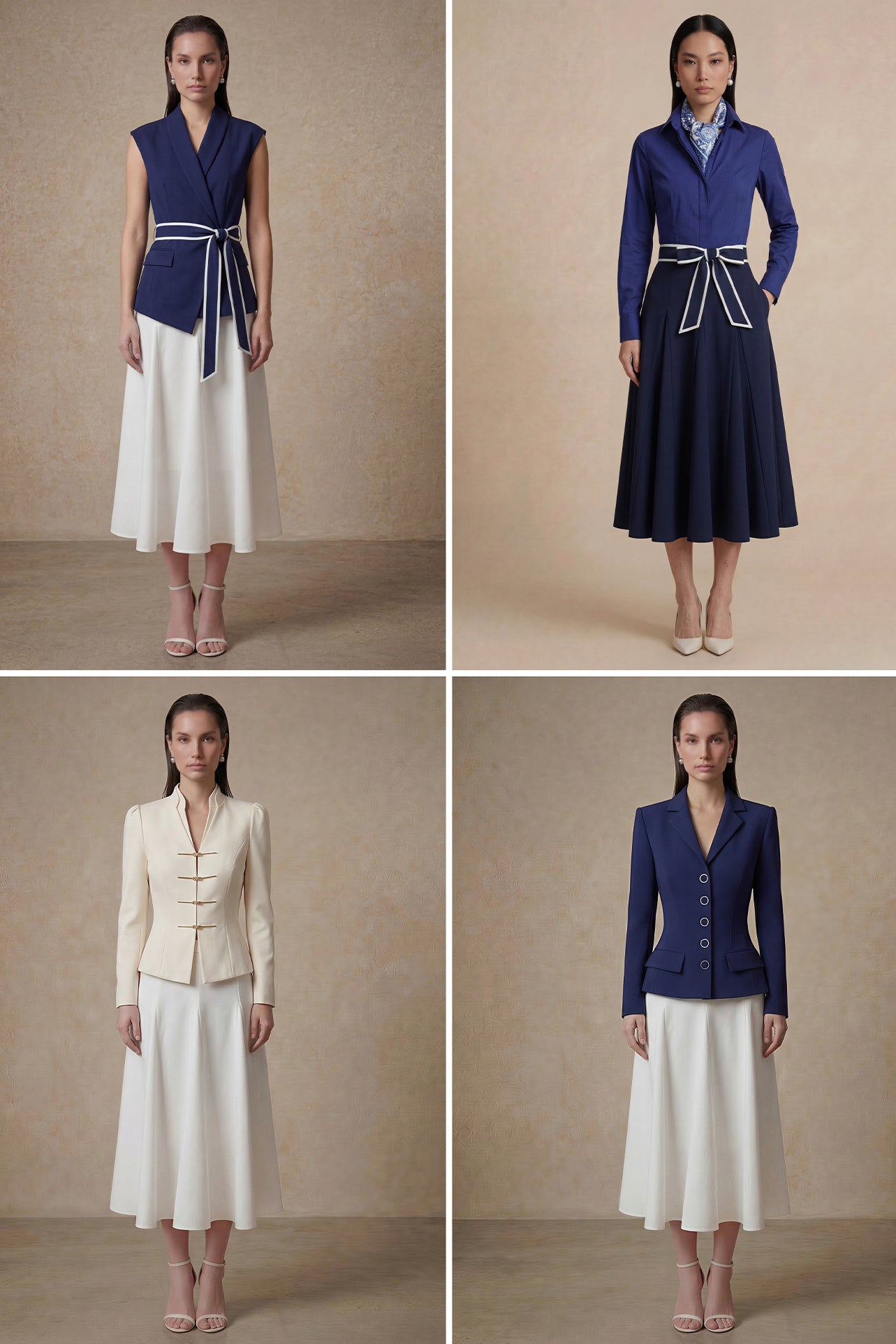 A comparison of two elegant professional looks: a navy blue pleated midi skirt and a crisp white flare skirt, both featuring sophisticated contrast-piped bow belts for a polished executive appearance.