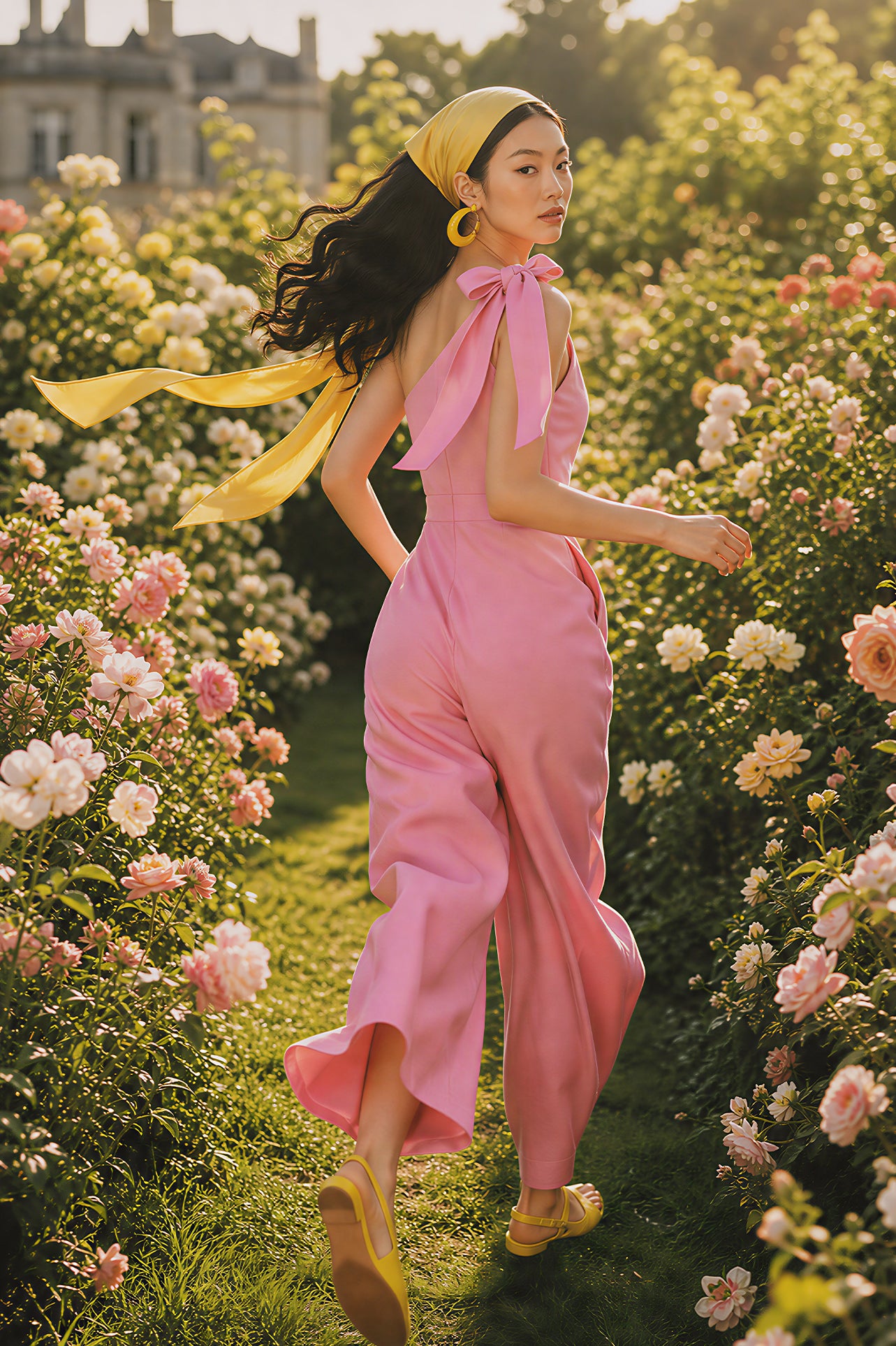 Two joyful women wearing elegant one-shoulder jumpsuits with large tie-bow shoulder straps in a sunny park; one jumps in a pastel pink wide-leg jumpsuit with yellow sneakers, while the other claps in a beige ankle-length jumpsuit.