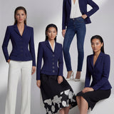 A professional model wearing a sophisticated navy blue tailored blazer with an hourglass silhouette and unique O-ring gold buttons, paired with crisp white trousers for an executive office look.