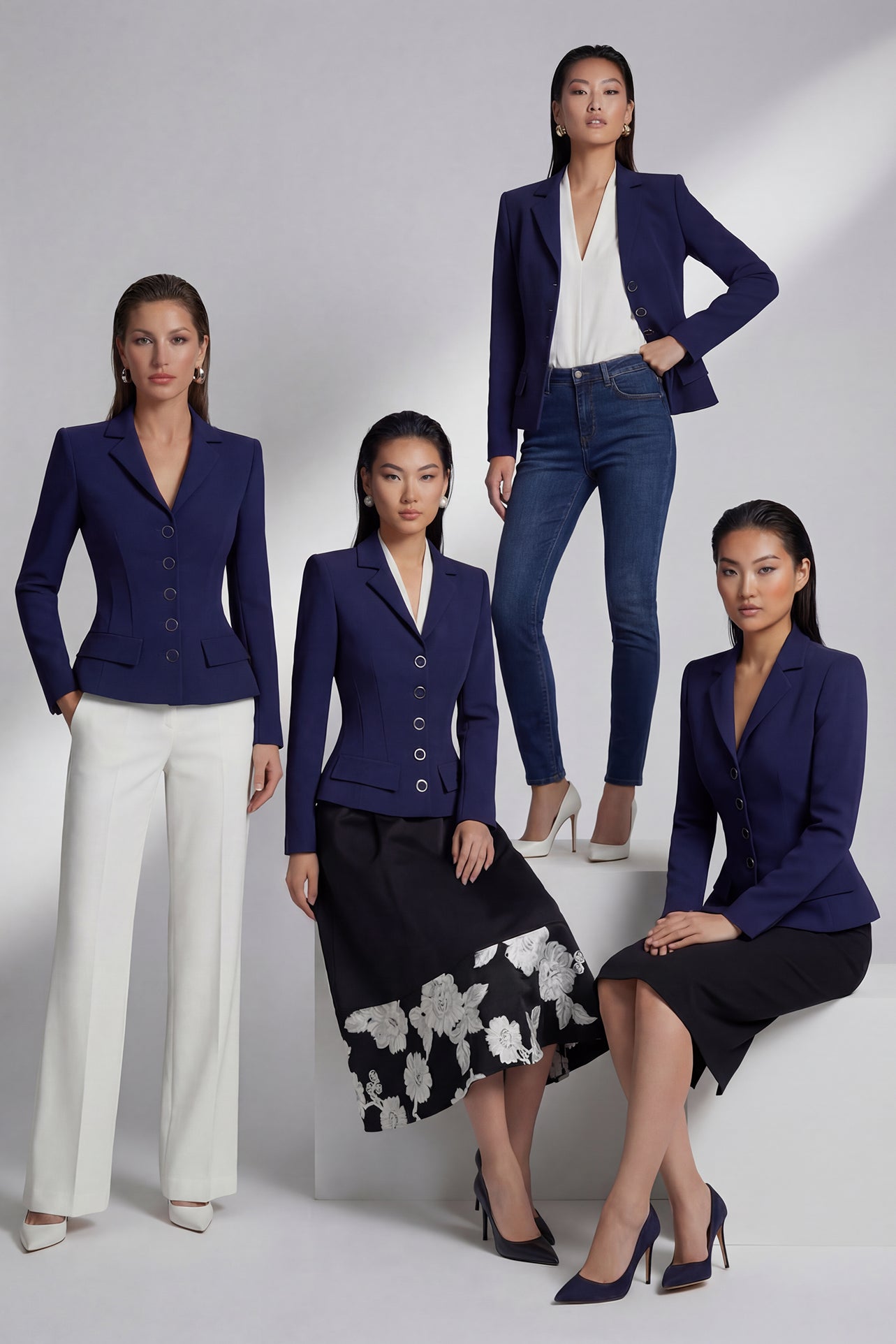 A professional model wearing a sophisticated navy blue tailored blazer with an hourglass silhouette and unique O-ring gold buttons, paired with crisp white trousers for an executive office look.