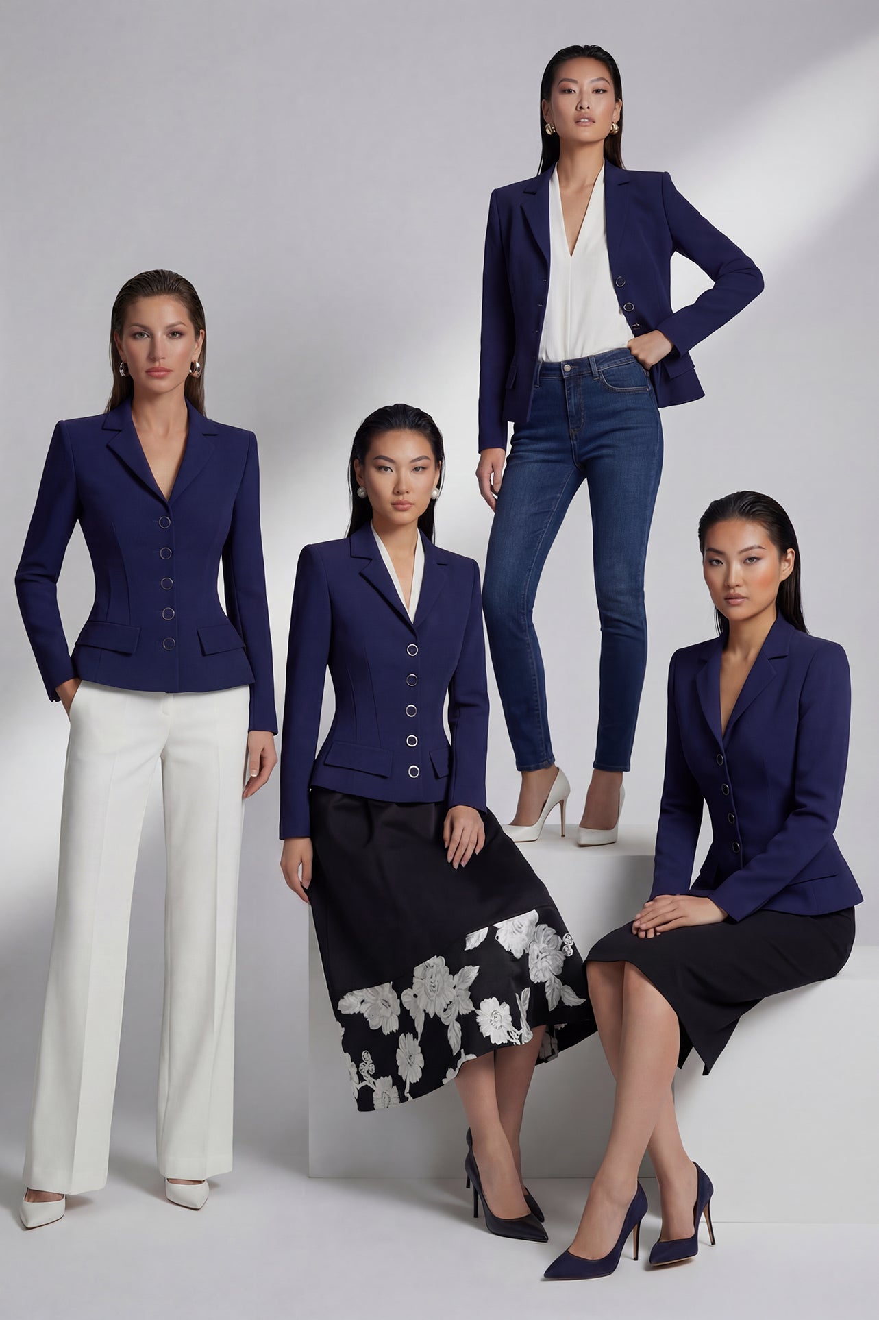 A professional model wearing a sophisticated navy blue tailored blazer with an hourglass silhouette and unique O-ring gold buttons, paired with crisp white trousers for an executive office look.