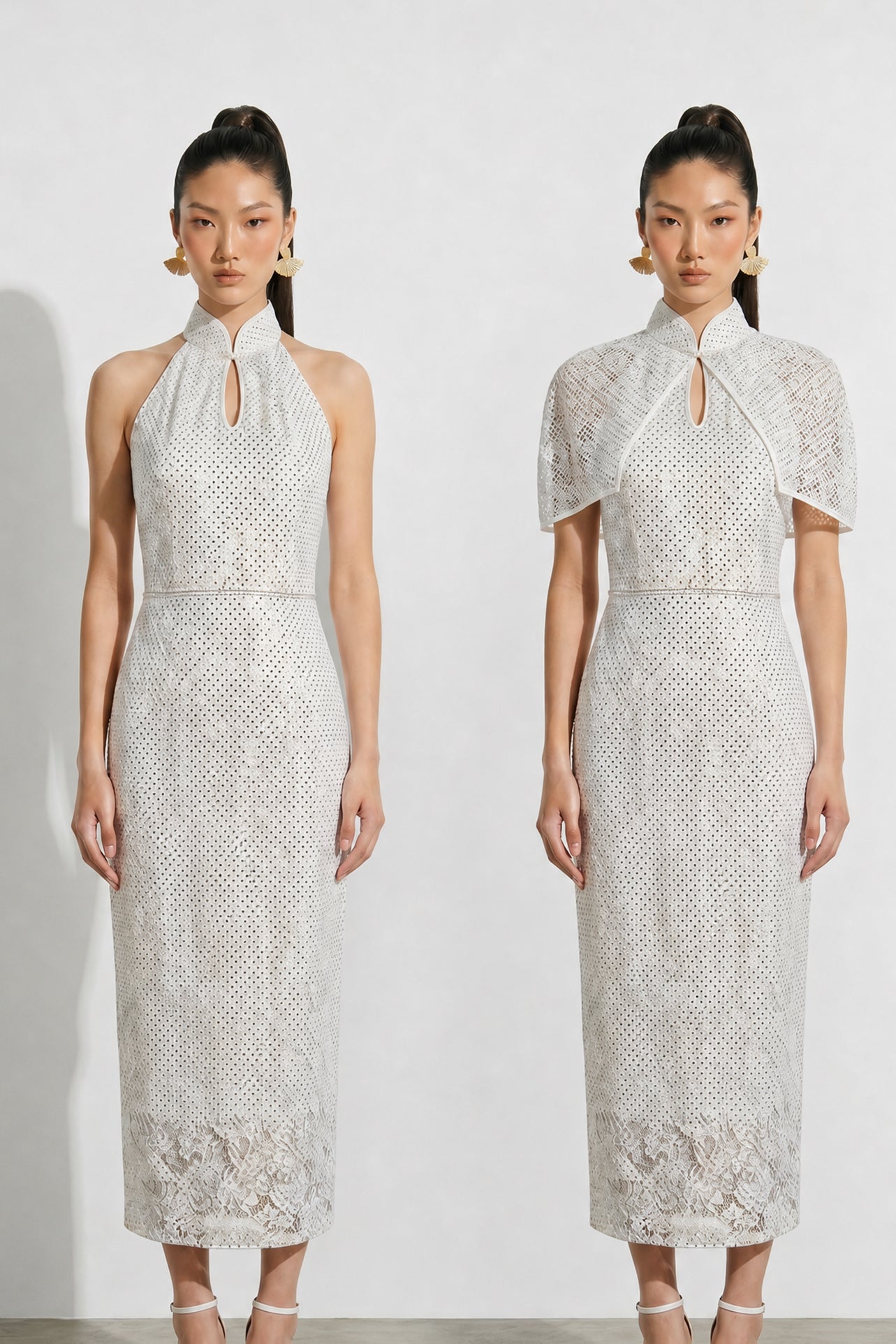 A professional woman modeling an elegant white lace halter neck modern qipao dress, featuring a sophisticated mandarin collar with keyhole detail and an intricate eyelet embroidered fabric for a quiet luxury look.