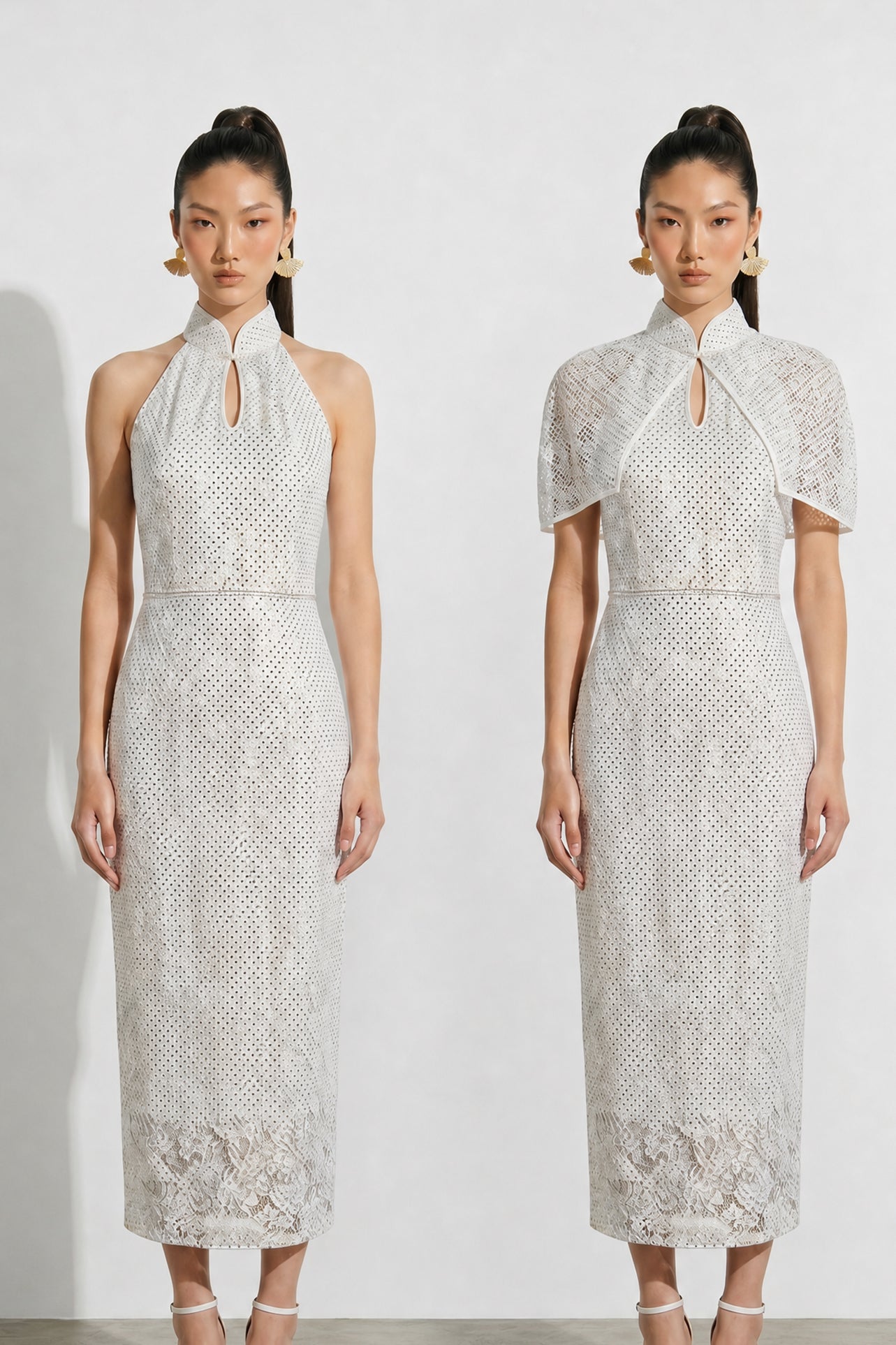 A professional woman modeling an elegant white lace halter neck modern qipao dress, featuring a sophisticated mandarin collar with keyhole detail and an intricate eyelet embroidered fabric for a quiet luxury look.