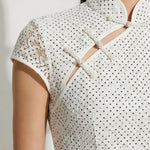 A professional woman modeling an elegant white lace modern qipao dress, featuring an intricate eyelet textured fabric, a sophisticated mandarin collar with a traditional knot button, and slimming cap sleeves.